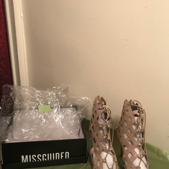 Laser Cut Lace Up Gladiator Heels - Blush Suede - Picture 3 of 8